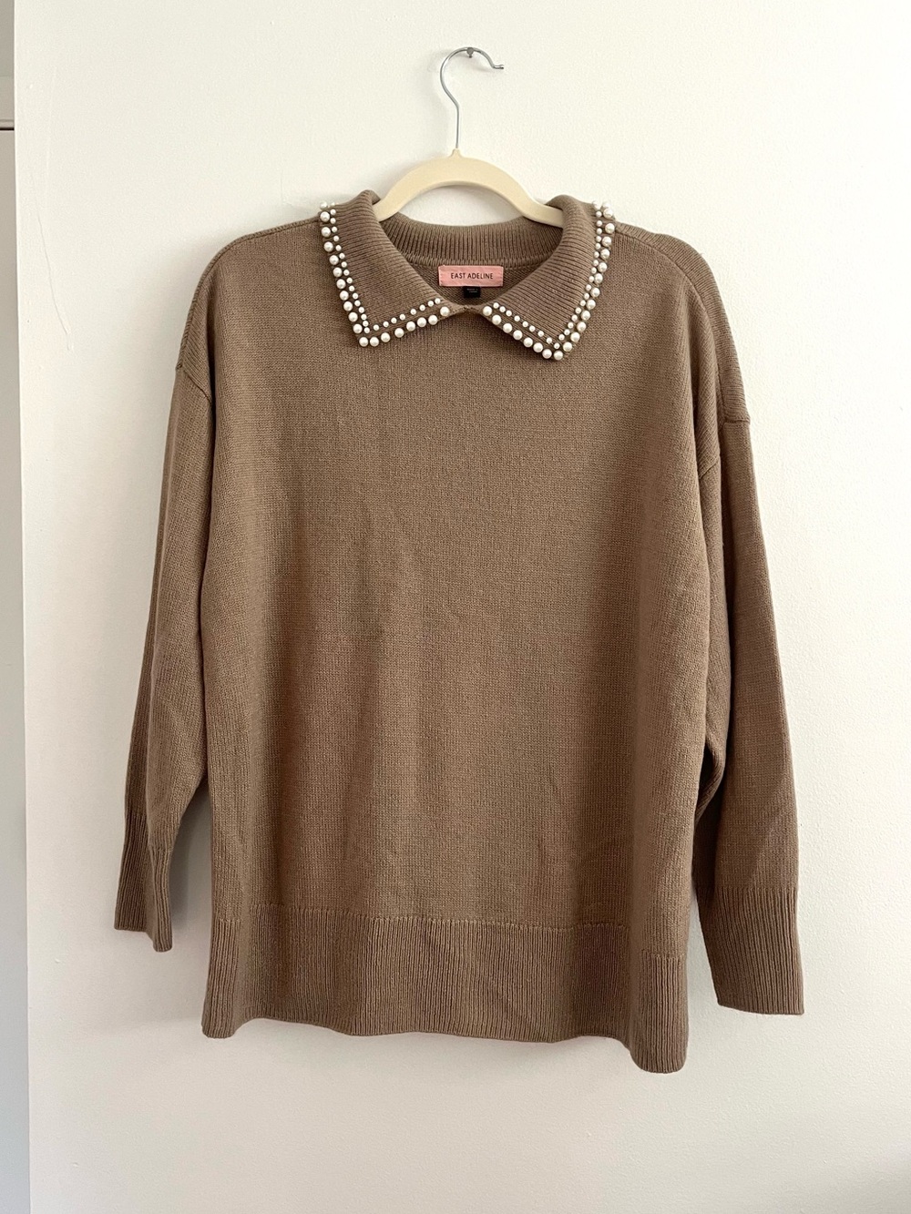 East Adeline 0X Taupe Brown Pearl Collar Cozy Knit Sweater Elegant Quiet Luxury